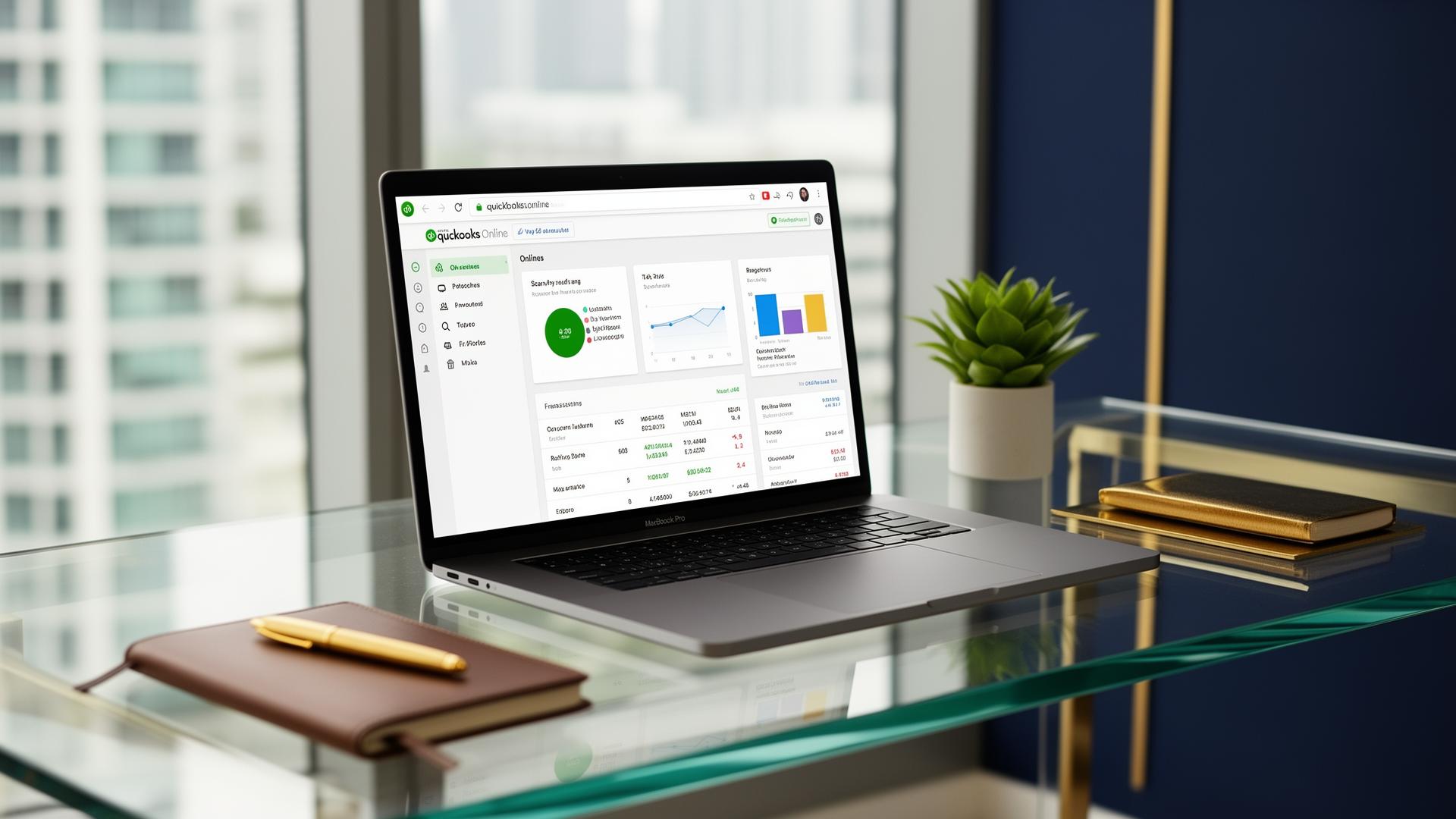 MacBook Pro on glass desk showing QuickBooks Online dashboard in modern Brickell office